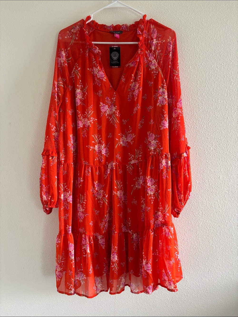 Vince Camuto Orange Floral Long Sleeve Tiered Dress